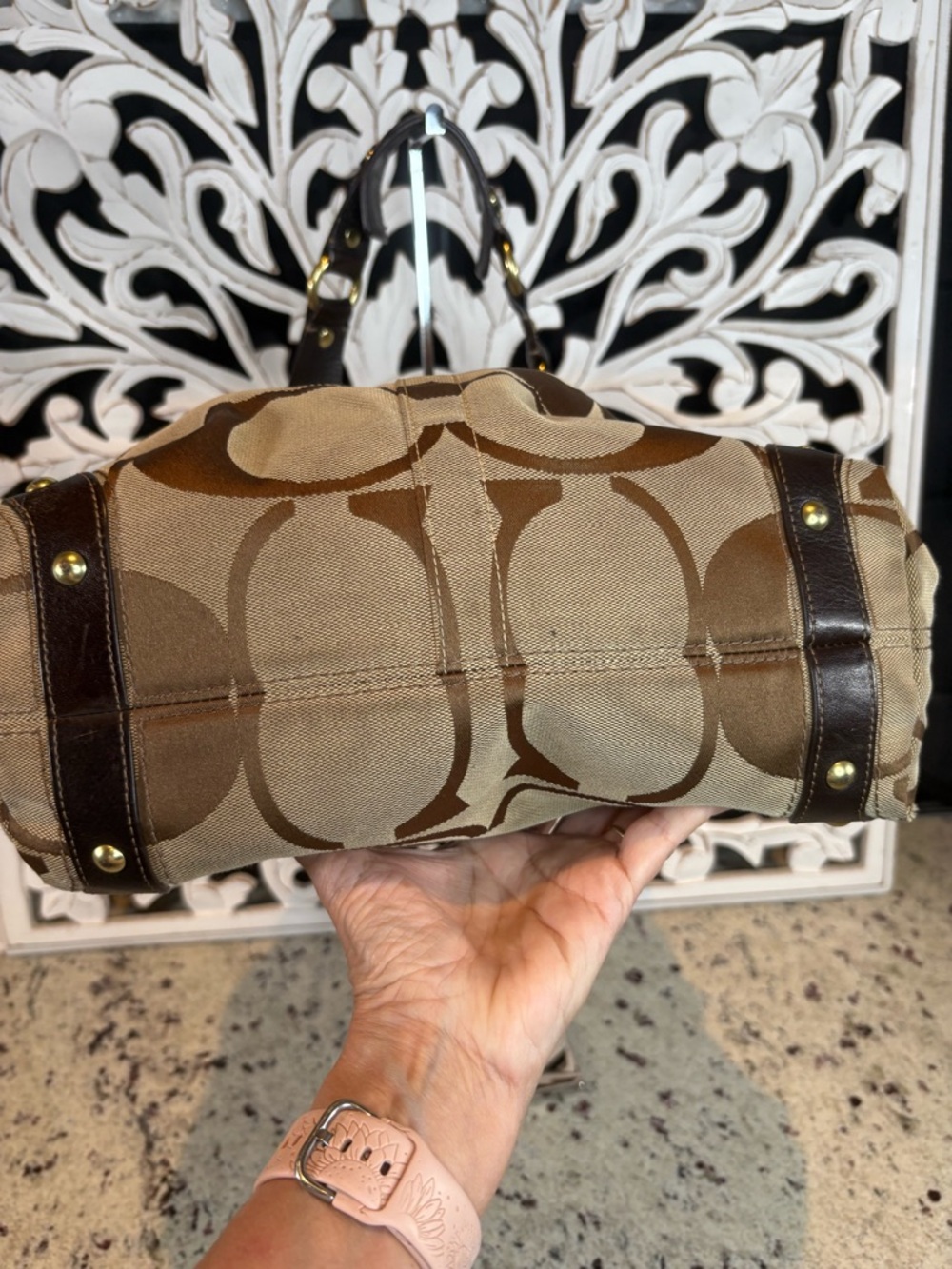 Coach Large Carly Signature Canvas Shoulder Bag in Brown and Tan #10620 - Picture 7 of 13